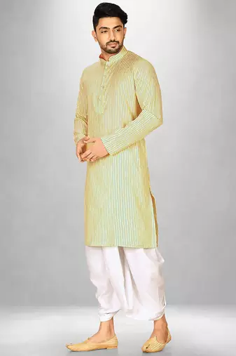 yellow cotton stripe kurta with white dhoti pants set
