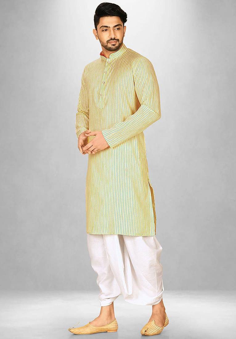 Yellow cotton stripe  kurta with  fancy buttons churidar