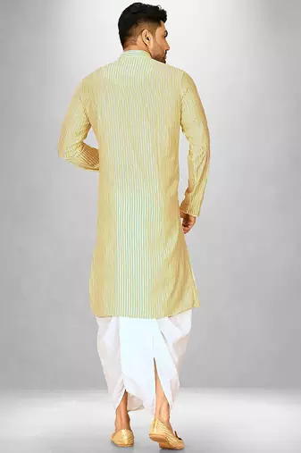 yellow cotton stripe kurta with white dhoti pants set