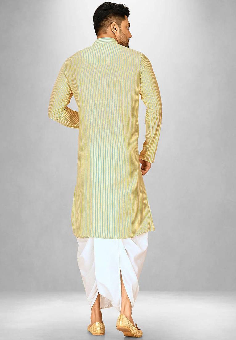 Yellow cotton stripe  kurta with  fancy buttons churidar