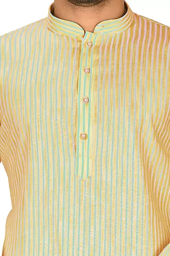 yellow cotton stripe kurta with white dhoti pants set