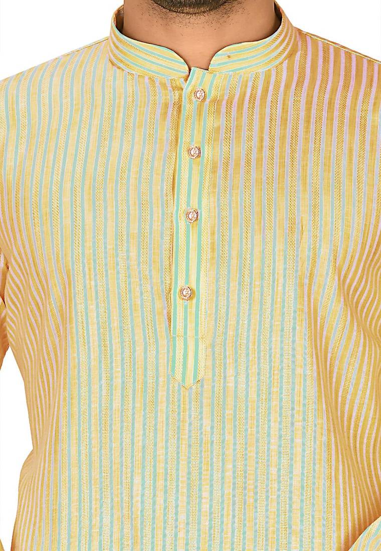 Yellow cotton stripe  kurta with  fancy buttons churidar