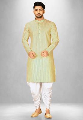 men's yellow cotton kurta set with white patiala 1