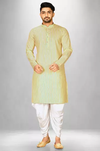 Yellow cotton stripe  kurta with  fancy buttons churidar