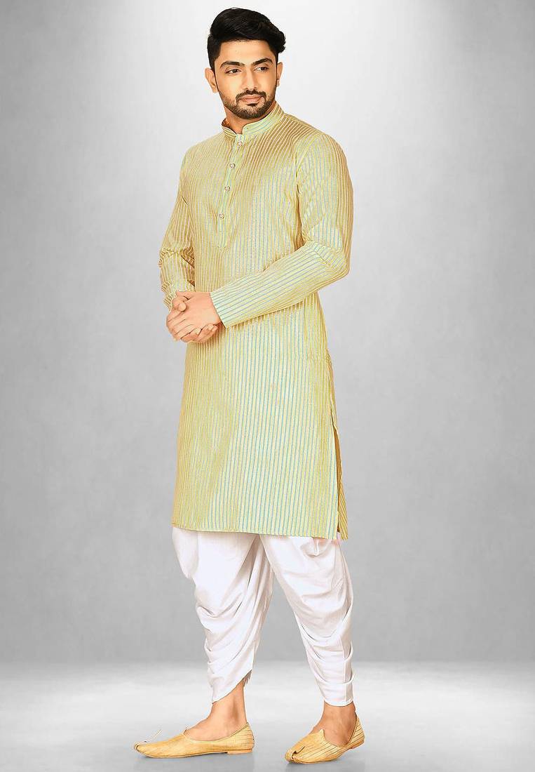 Yellow cotton stripe  kurta with  fancy buttons churidar