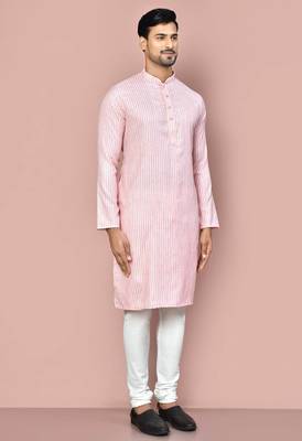 men's pink cotton kurta set with off white churidar 1