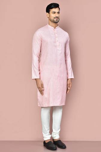 men's pink cotton kurta set with off white churidar
