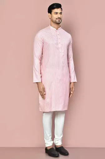 men's pink cotton kurta set with off white churidar