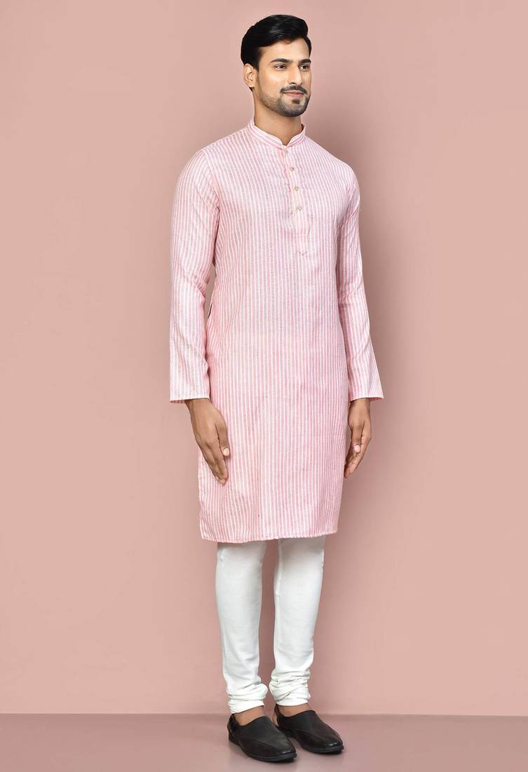 Pink cotton stripe  kurta with  fancy buttons churidar