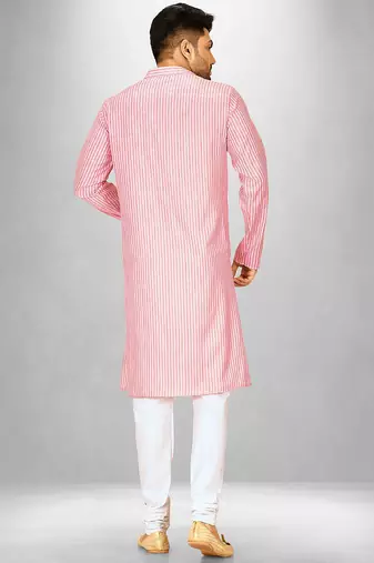 men's pink cotton kurta set with off white churidar