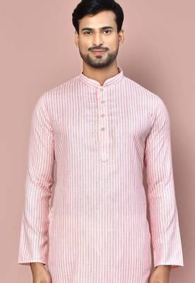men's pink cotton kurta set with off white churidar 4