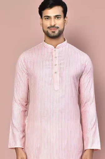 men's pink cotton kurta set with off white churidar