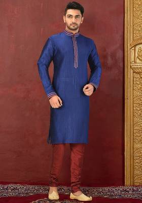 navy blue art dupion silk kurta churidar set for men 1