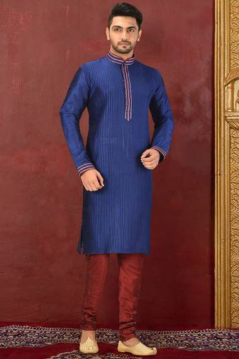 Navy blue  dupion art silk  kurta with machine dk work in collar and button line printex work churidar