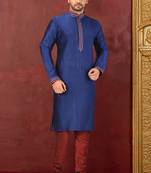 Navy blue  dupion art silk  kurta with machine dk work in collar and button line printex work churidar
