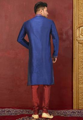 navy blue art dupion silk kurta churidar set for men 2