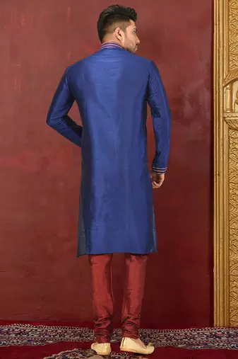 navy blue art dupion silk kurta churidar set for men