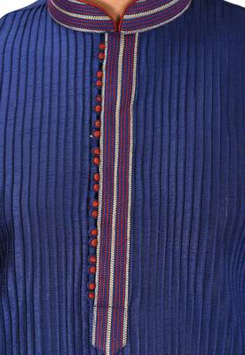 navy blue art dupion silk kurta churidar set for men 3