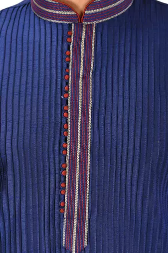 navy blue art dupion silk kurta churidar set for men
