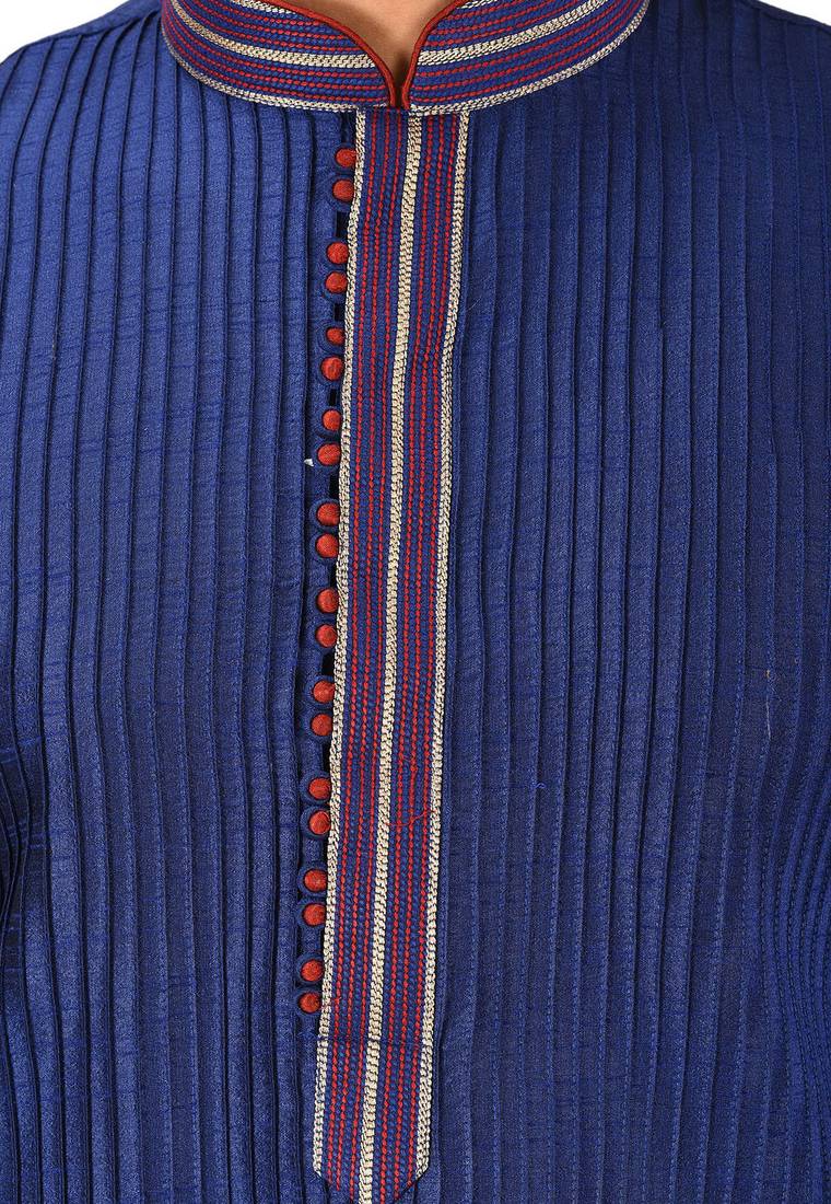 Navy blue  dupion art silk  kurta with machine dk work in collar and button line printex work churidar
