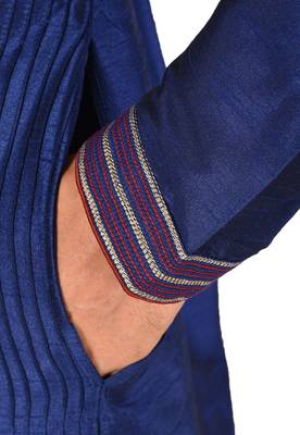 navy blue art dupion silk kurta churidar set for men 4