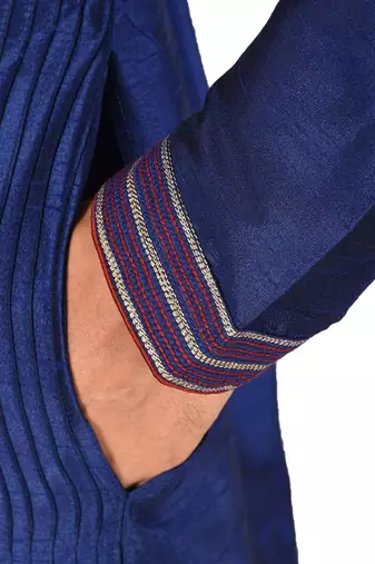 navy blue art dupion silk kurta churidar set for men