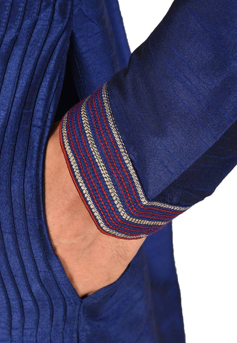 Navy blue  dupion art silk  kurta with machine dk work in collar and button line printex work churidar