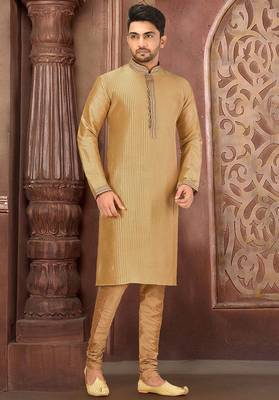 beige art dupion silk kurta churidar set for men 1