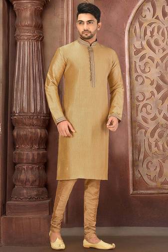 Dark beige  dupion art silk  kurta with machine dk work in collar and button line printex work churidar