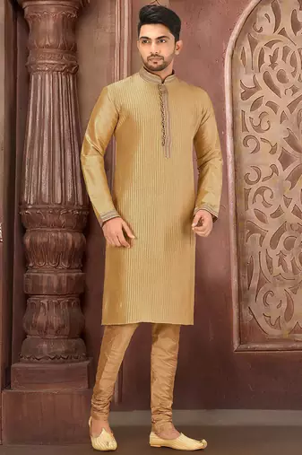 Dark beige  dupion art silk  kurta with machine dk work in collar and button line printex work churidar