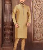 Dark beige  dupion art silk  kurta with machine dk work in collar and button line printex work churidar