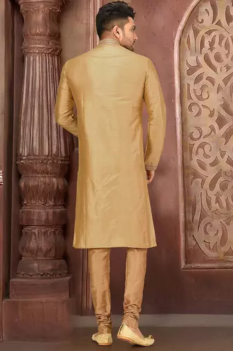 beige art dupion silk kurta churidar set for men