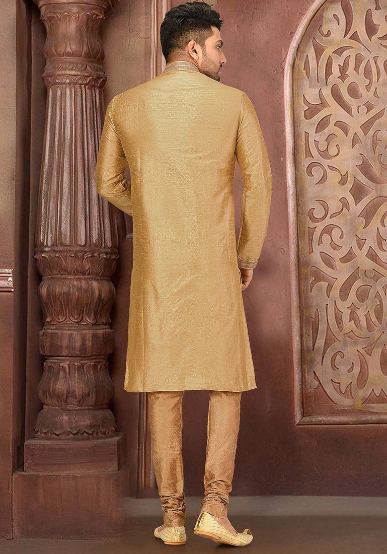 Dark beige  dupion art silk  kurta with machine dk work in collar and button line printex work churidar