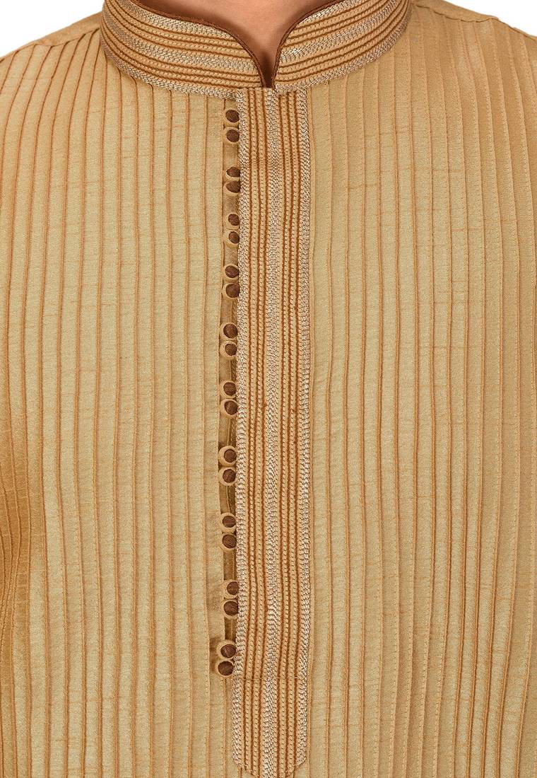 Dark beige  dupion art silk  kurta with machine dk work in collar and button line printex work churidar