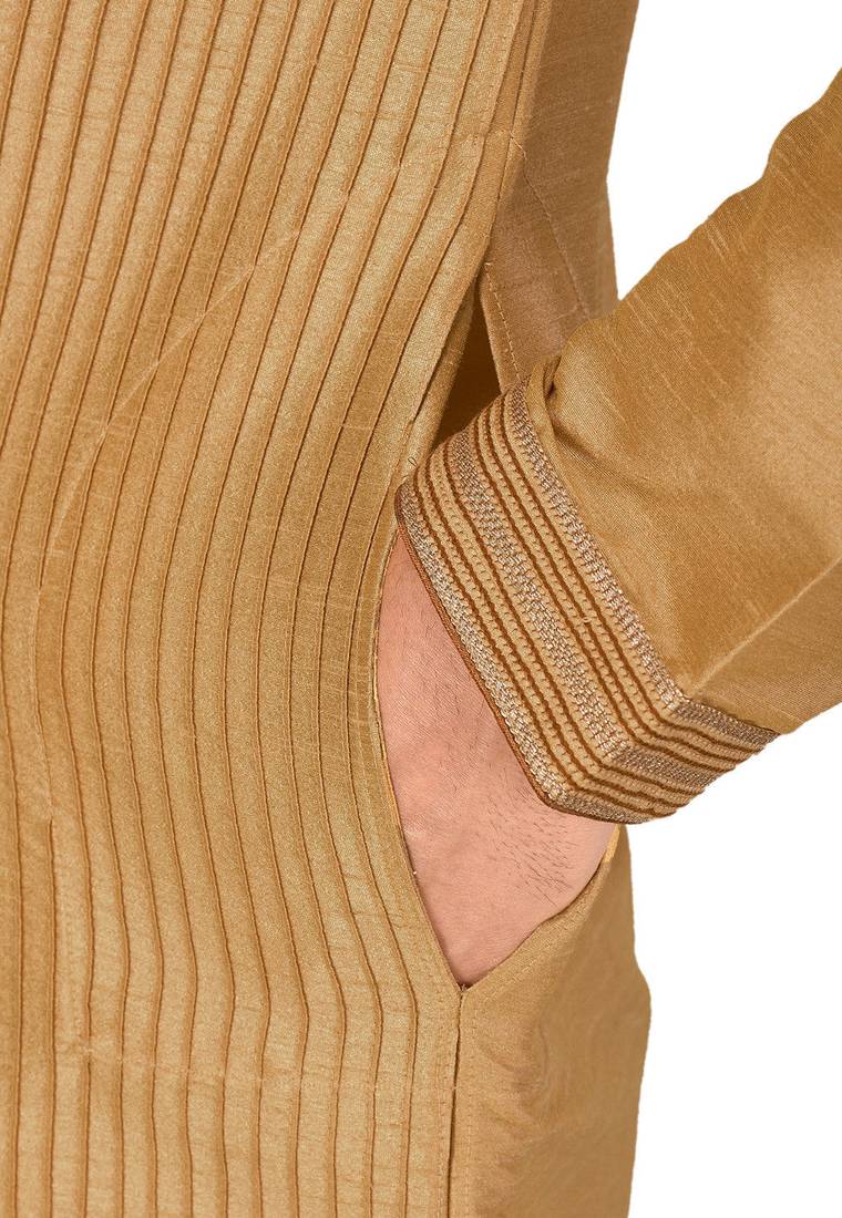 Dark beige  dupion art silk  kurta with machine dk work in collar and button line printex work churidar