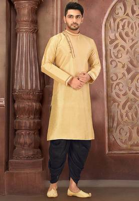 men's beige art dupion silk kurta and churidar set  1