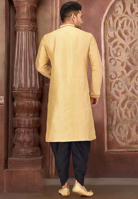 men's beige art dupion silk kurta and churidar set  2