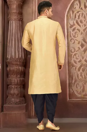 men's beige art dupion silk kurta and churidar set 