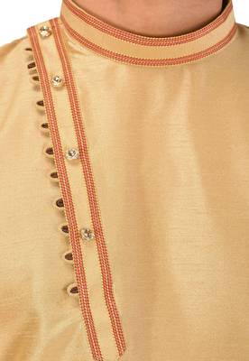 men's beige art dupion silk kurta and churidar set  3