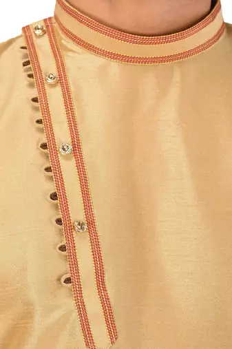 men's beige art dupion silk kurta and churidar set 