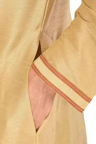 men's beige art dupion silk kurta and churidar set 