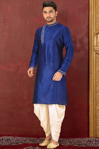 Dark beige dupion art silk  kurta with machine dk work in collar and button line churidar