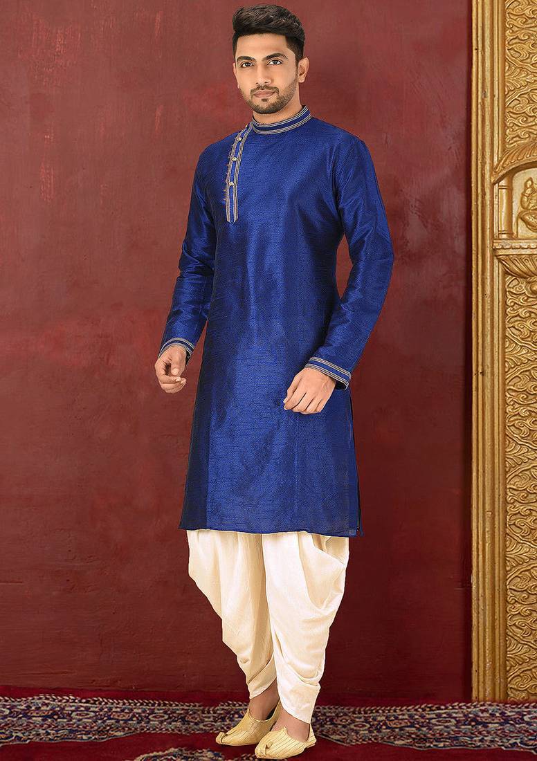 Dark beige dupion art silk  kurta with machine dk work in collar and button line churidar