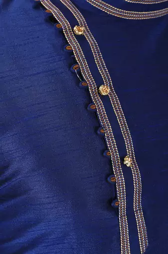 men's navy blue art dupion silk kurta and churidar set 