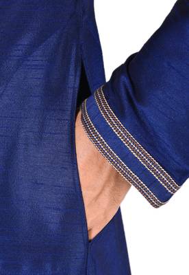 men's navy blue art dupion silk kurta and churidar set  4