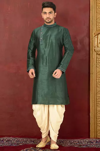 Bottle green dupion art silk  kurta with machine dk work in collar and button line churidar