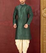 Bottle green dupion art silk  kurta with machine dk work in collar and button line churidar