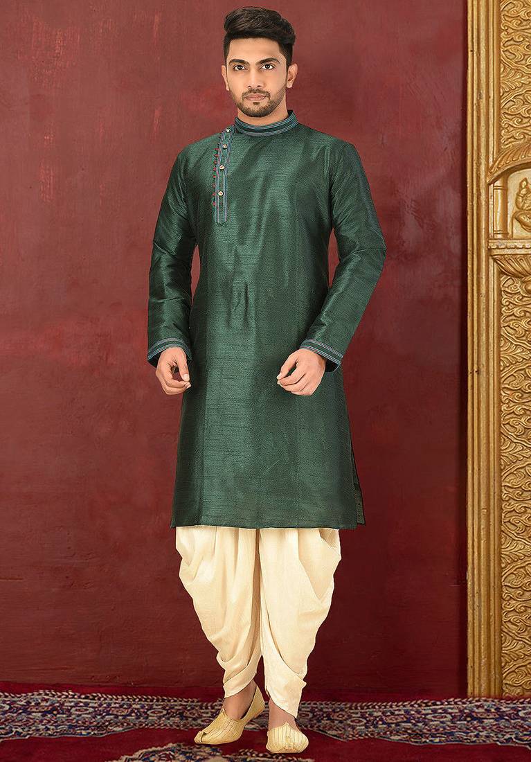 Bottle green dupion art silk  kurta with machine dk work in collar and button line churidar