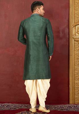 men's green art dupion silk kurta and churidar set  2