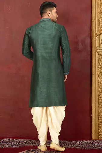 men's green art dupion silk kurta and churidar set 